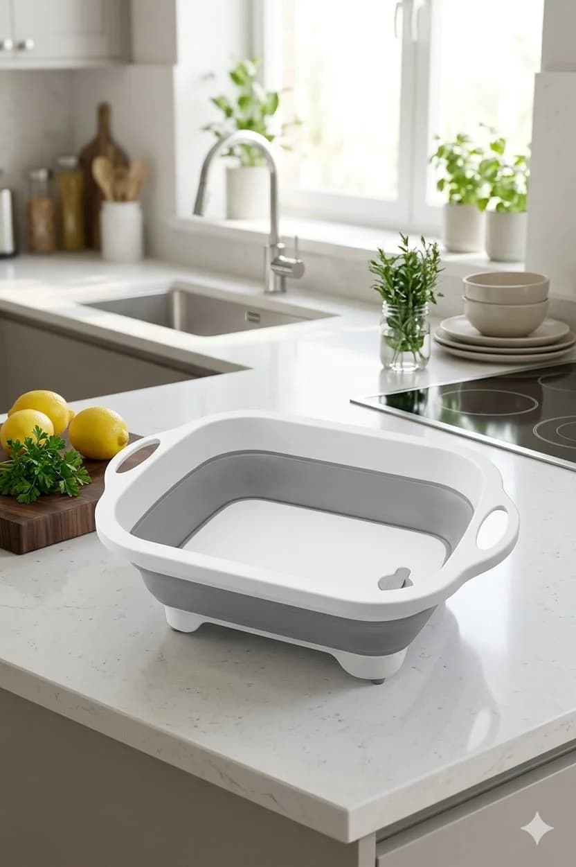 collapsible 3 in 1 kitchen basin, cutting board and strainer
