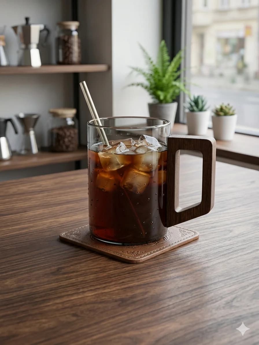 glass mug with wood handle